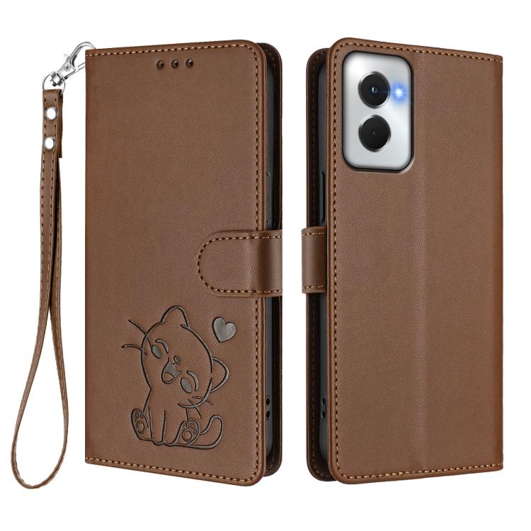 For Motorola Moto G Power 2024 Embossed Heart Cat Leather Phone Case with Hand Strap
