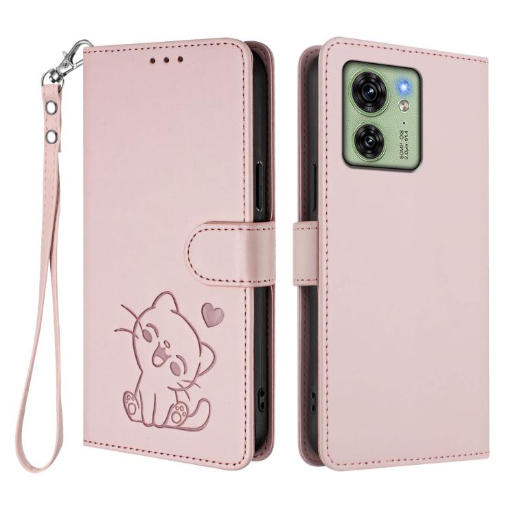 For Motorola Edge 40 5G / Edge 2023 Embossed Heart Cat Leather Phone Case with Hand Strap