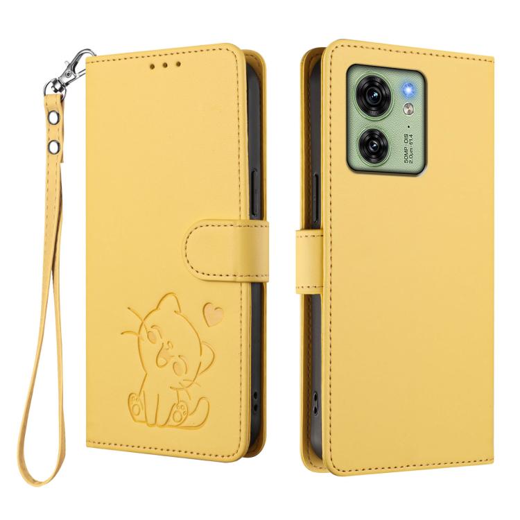 For Motorola Edge 40 5G / Edge 2023 Embossed Heart Cat Leather Phone Case with Hand Strap
