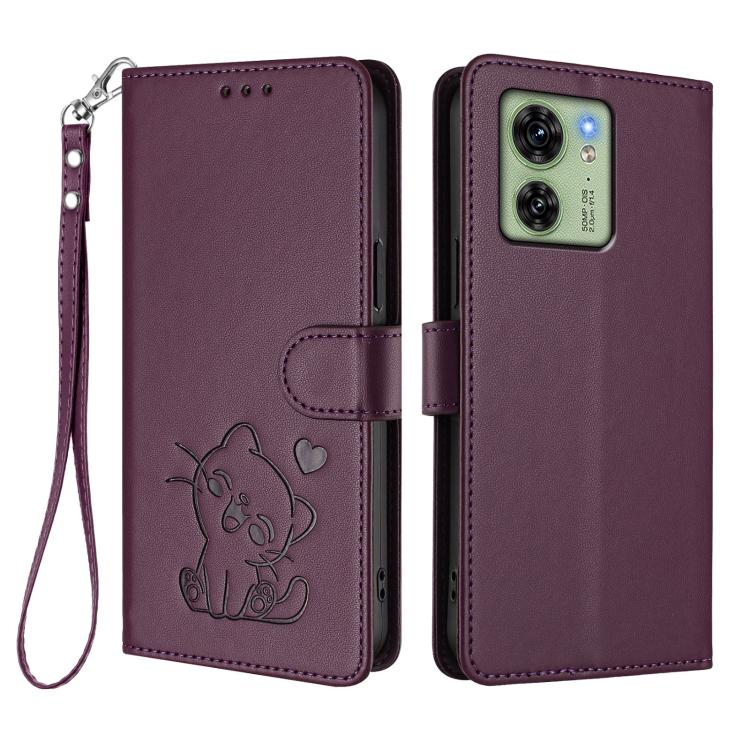 For Motorola Edge 40 5G / Edge 2023 Embossed Heart Cat Leather Phone Case with Hand Strap