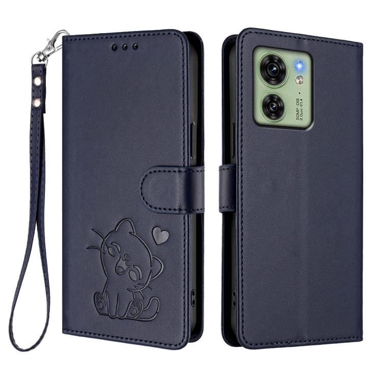 For Motorola Edge 40 5G / Edge 2023 Embossed Heart Cat Leather Phone Case with Hand Strap