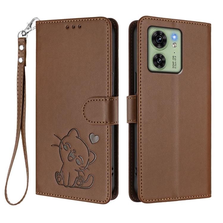 For Motorola Edge 40 5G / Edge 2023 Embossed Heart Cat Leather Phone Case with Hand Strap