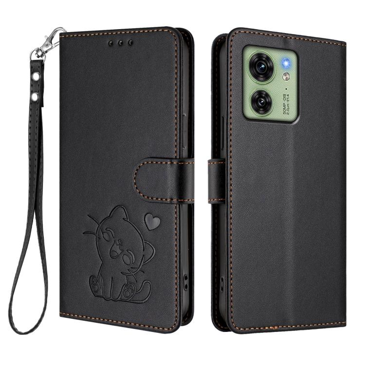 For Motorola Edge 40 5G / Edge 2023 Embossed Heart Cat Leather Phone Case with Hand Strap