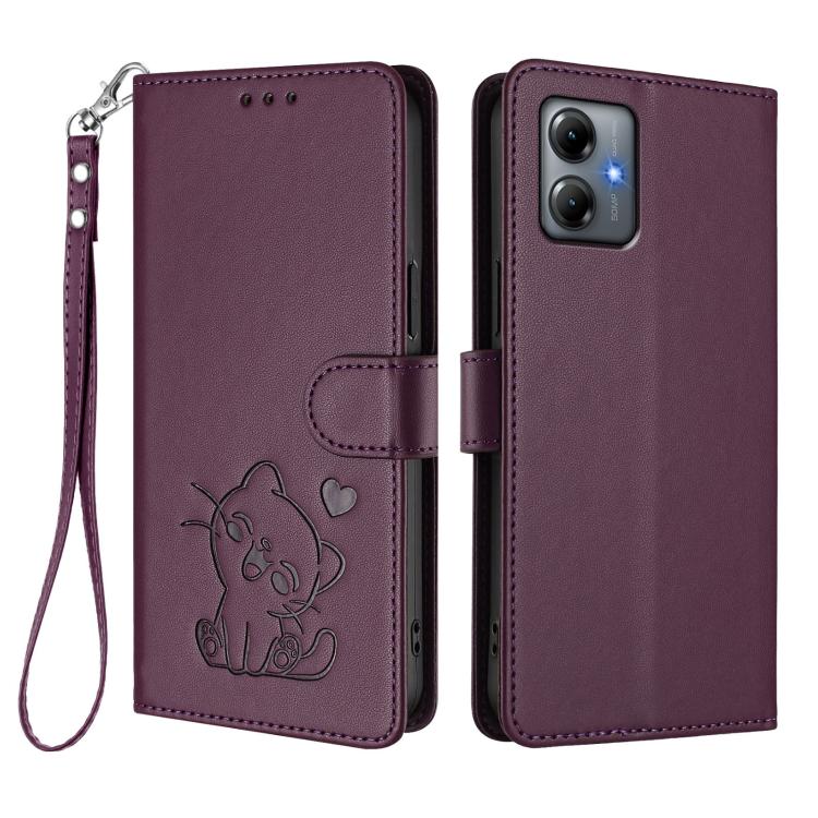 For Motorola Moto G14 4G / G54 Embossed Heart Cat Leather Phone Case with Hand Strap