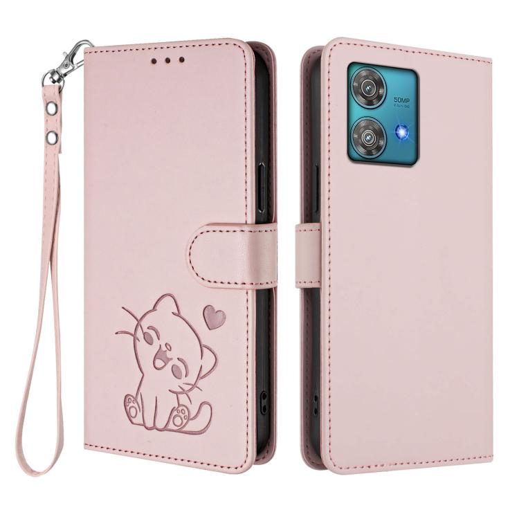 For Motorola Edge 40 Neo 5G Embossed Heart Cat Leather Phone Case with Hand Strap