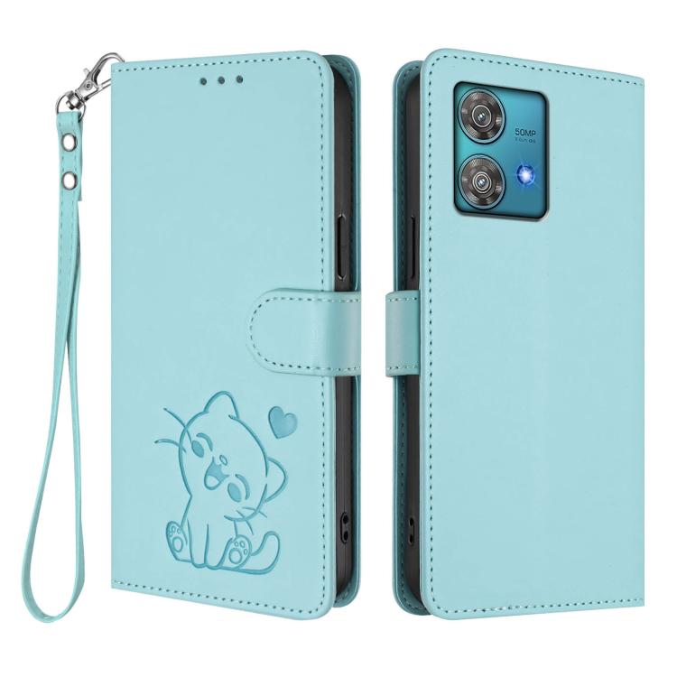 For Motorola Edge 40 Neo 5G Embossed Heart Cat Leather Phone Case with Hand Strap