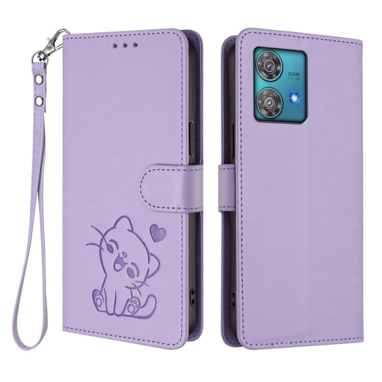 For Motorola Edge 40 Neo 5G Embossed Heart Cat Leather Phone Case with Hand Strap