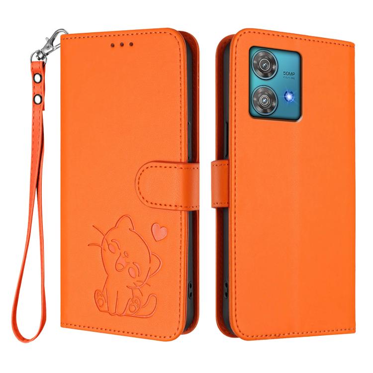 For Motorola Edge 40 Neo 5G Embossed Heart Cat Leather Phone Case with Hand Strap