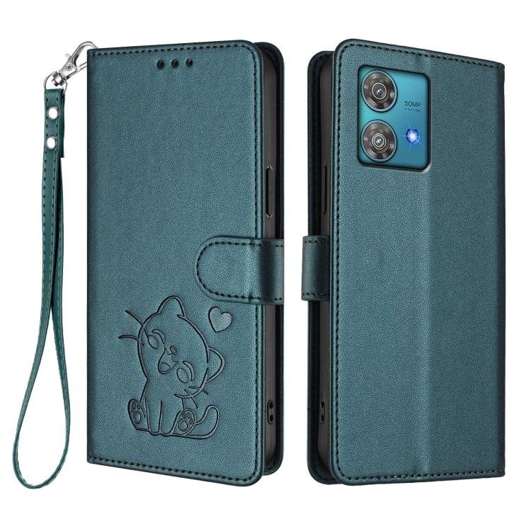 For Motorola Edge 40 Neo 5G Embossed Heart Cat Leather Phone Case with Hand Strap