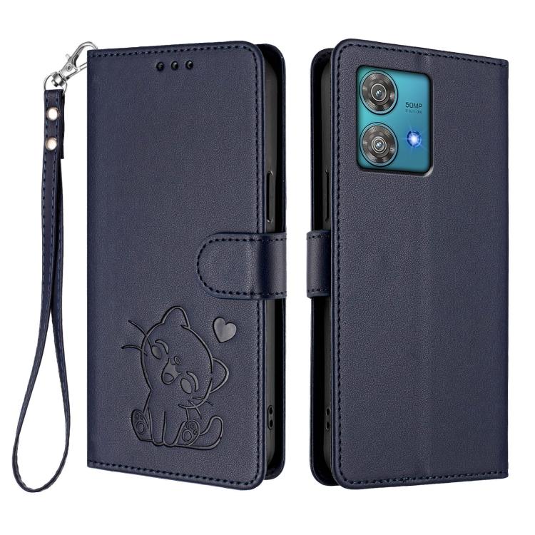 For Motorola Edge 40 Neo 5G Embossed Heart Cat Leather Phone Case with Hand Strap