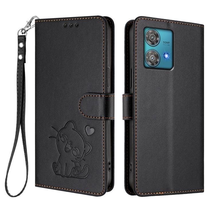 For Motorola Edge 40 Neo 5G Embossed Heart Cat Leather Phone Case with Hand Strap