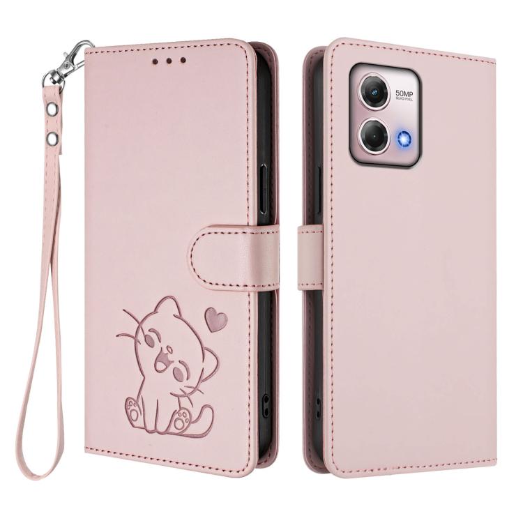 For Motorola Moto G Stylus 2023 4G Embossed Heart Cat Leather Phone Case with Hand Strap