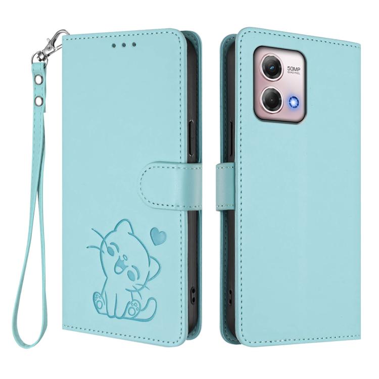 For Motorola Moto G Stylus 2023 4G Embossed Heart Cat Leather Phone Case with Hand Strap