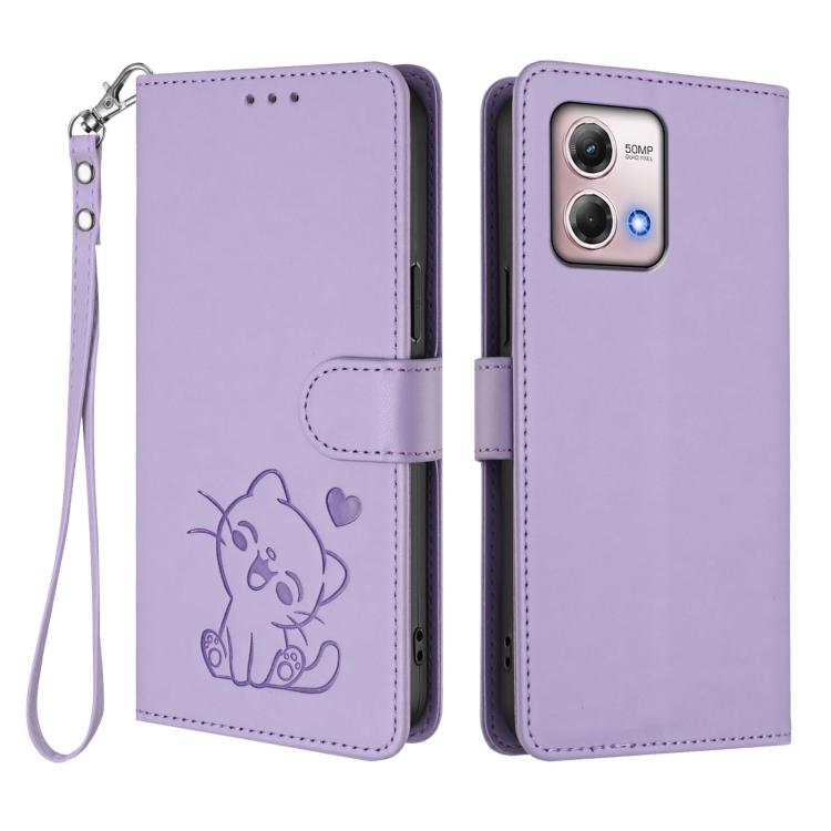 For Motorola Moto G Stylus 2023 4G Embossed Heart Cat Leather Phone Case with Hand Strap