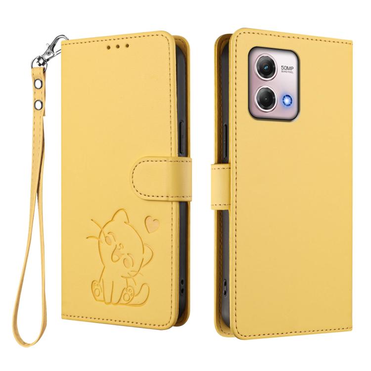 For Motorola Moto G Stylus 2023 4G Embossed Heart Cat Leather Phone Case with Hand Strap
