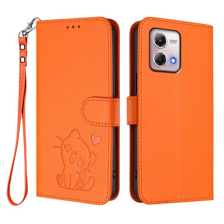 For Motorola Moto G Stylus 2023 4G Embossed Heart Cat Leather Phone Case with Hand Strap