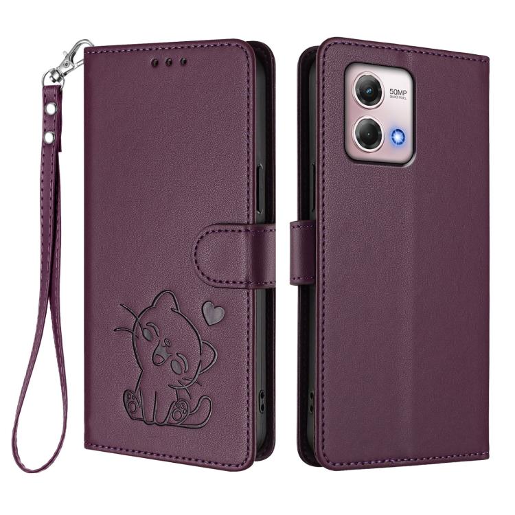 For Motorola Moto G Stylus 2023 4G Embossed Heart Cat Leather Phone Case with Hand Strap