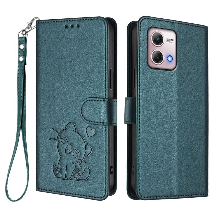 For Motorola Moto G Stylus 2023 4G Embossed Heart Cat Leather Phone Case with Hand Strap