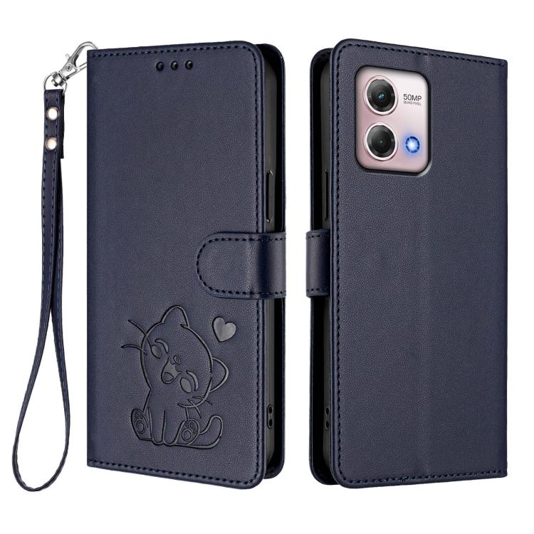 For Motorola Moto G Stylus 2023 4G Embossed Heart Cat Leather Phone Case with Hand Strap