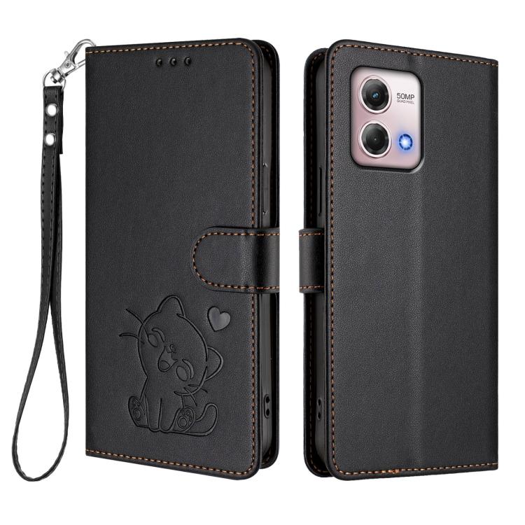 For Motorola Moto G Stylus 2023 4G Embossed Heart Cat Leather Phone Case with Hand Strap