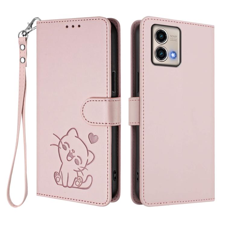 For Motorola Moto G Stylus 5G 2023 Embossed Heart Cat Leather Phone Case with Hand Strap