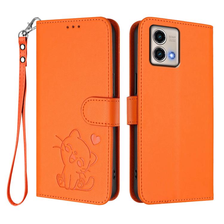 For Motorola Moto G Stylus 5G 2023 Embossed Heart Cat Leather Phone Case with Hand Strap