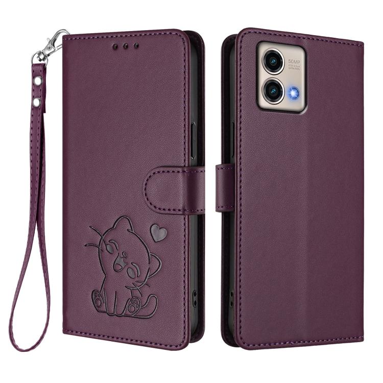 For Motorola Moto G Stylus 5G 2023 Embossed Heart Cat Leather Phone Case with Hand Strap