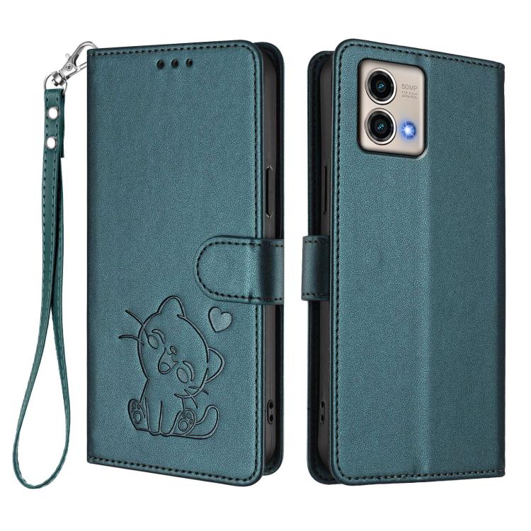 For Motorola Moto G Stylus 5G 2023 Embossed Heart Cat Leather Phone Case with Hand Strap