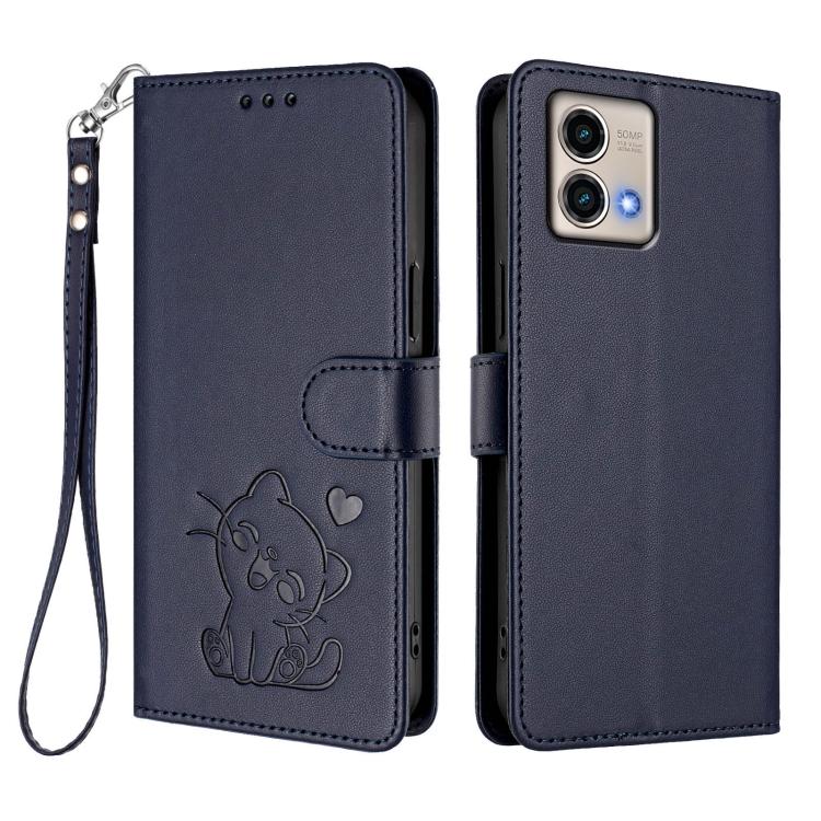 For Motorola Moto G Stylus 5G 2023 Embossed Heart Cat Leather Phone Case with Hand Strap