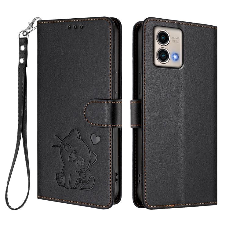 For Motorola Moto G Stylus 5G 2023 Embossed Heart Cat Leather Phone Case with Hand Strap
