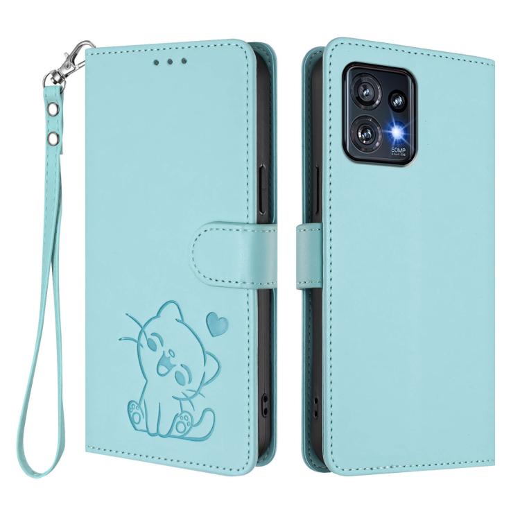For Motorola Edge+ 2023 / 40 Pro Embossed Heart Cat Leather Phone Case with Hand Strap