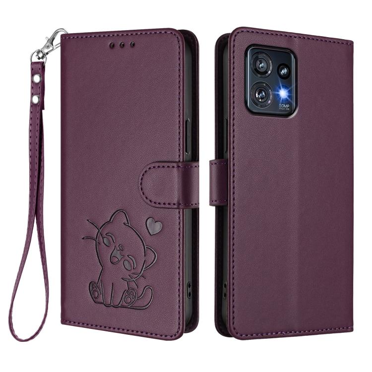 For Motorola Edge+ 2023 / 40 Pro Embossed Heart Cat Leather Phone Case with Hand Strap