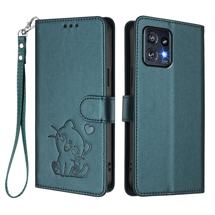 For Motorola Edge+ 2023 / 40 Pro Embossed Heart Cat Leather Phone Case with Hand Strap