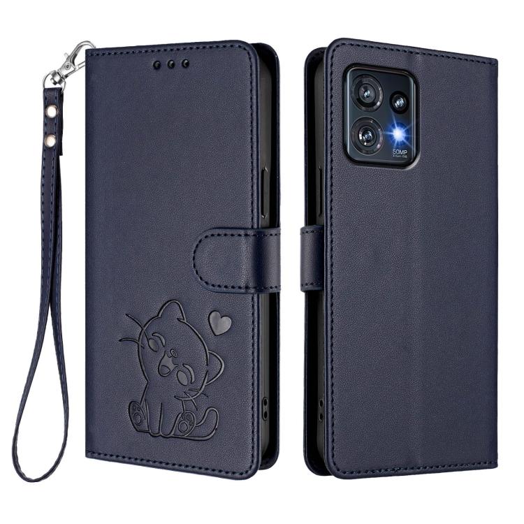 For Motorola Edge+ 2023 / 40 Pro Embossed Heart Cat Leather Phone Case with Hand Strap