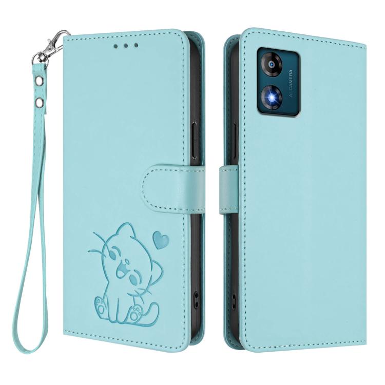 For Motorola Moto E13 4G 2023 Embossed Heart Cat Leather Phone Case with Hand Strap