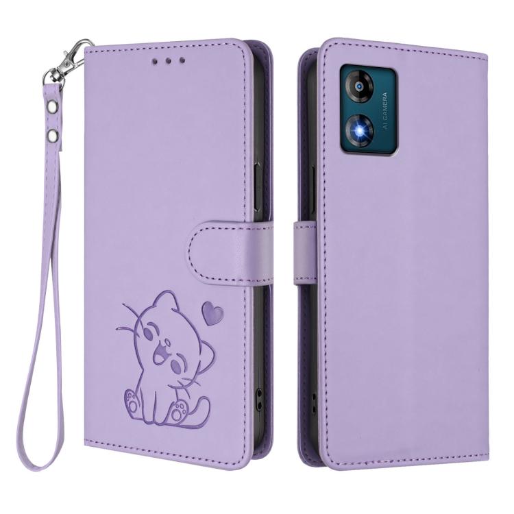 For Motorola Moto E13 4G 2023 Embossed Heart Cat Leather Phone Case with Hand Strap