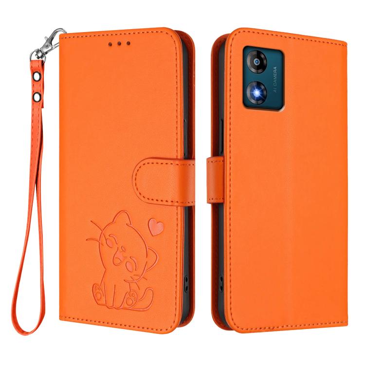 For Motorola Moto E13 4G 2023 Embossed Heart Cat Leather Phone Case with Hand Strap