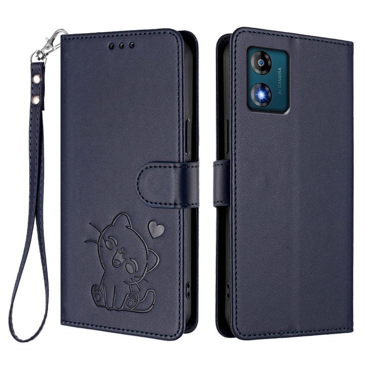 For Motorola Moto E13 4G 2023 Embossed Heart Cat Leather Phone Case with Hand Strap