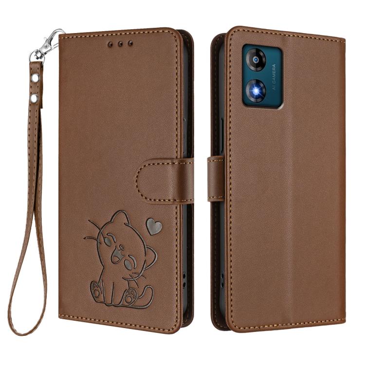 For Motorola Moto E13 4G 2023 Embossed Heart Cat Leather Phone Case with Hand Strap