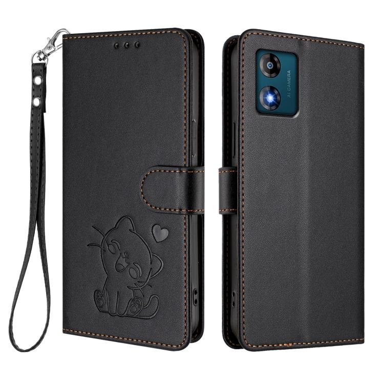 For Motorola Moto E13 4G 2023 Embossed Heart Cat Leather Phone Case with Hand Strap