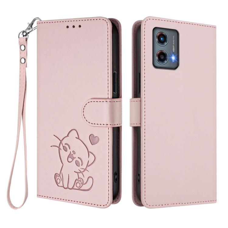 For Motorola Moto G 5G 2023 Embossed Heart Cat Leather Phone Case with Hand Strap