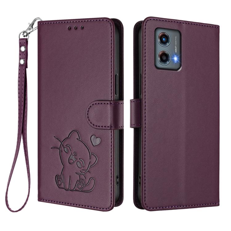 For Motorola Moto G 5G 2023 Embossed Heart Cat Leather Phone Case with Hand Strap