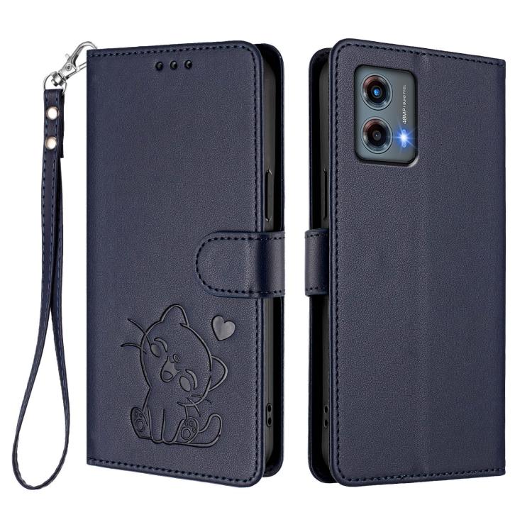 For Motorola Moto G 5G 2023 Embossed Heart Cat Leather Phone Case with Hand Strap
