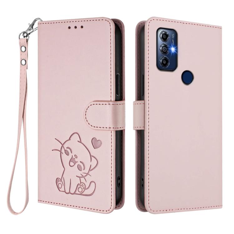 For Motorola Moto G Play 2023 Embossed Heart Cat Leather Phone Case with Hand Strap