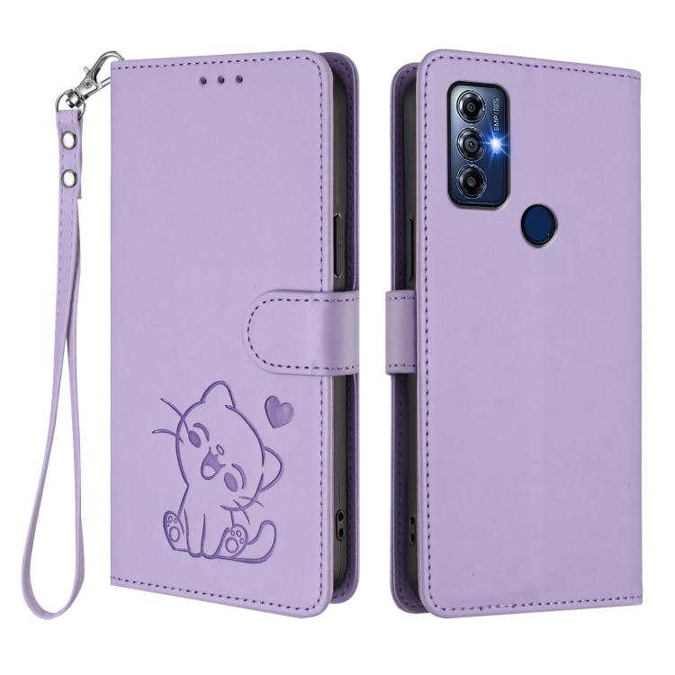 For Motorola Moto G Play 2023 Embossed Heart Cat Leather Phone Case with Hand Strap