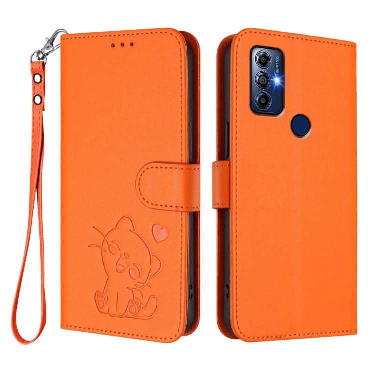 For Motorola Moto G Play 2023 Embossed Heart Cat Leather Phone Case with Hand Strap