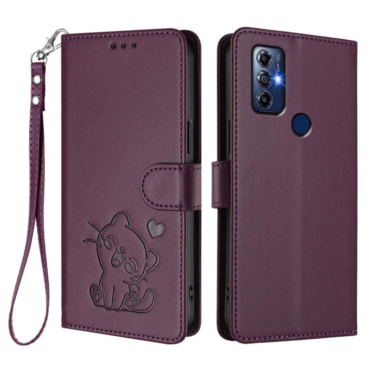 For Motorola Moto G Play 2023 Embossed Heart Cat Leather Phone Case with Hand Strap