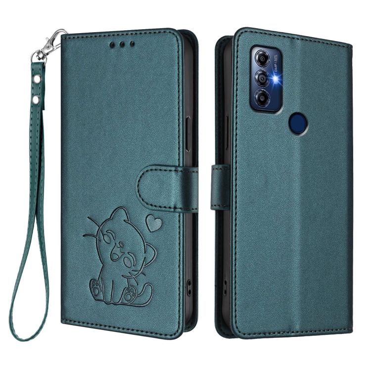 For Motorola Moto G Play 2023 Embossed Heart Cat Leather Phone Case with Hand Strap