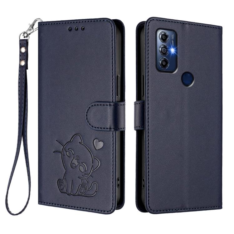 For Motorola Moto G Play 2023 Embossed Heart Cat Leather Phone Case with Hand Strap
