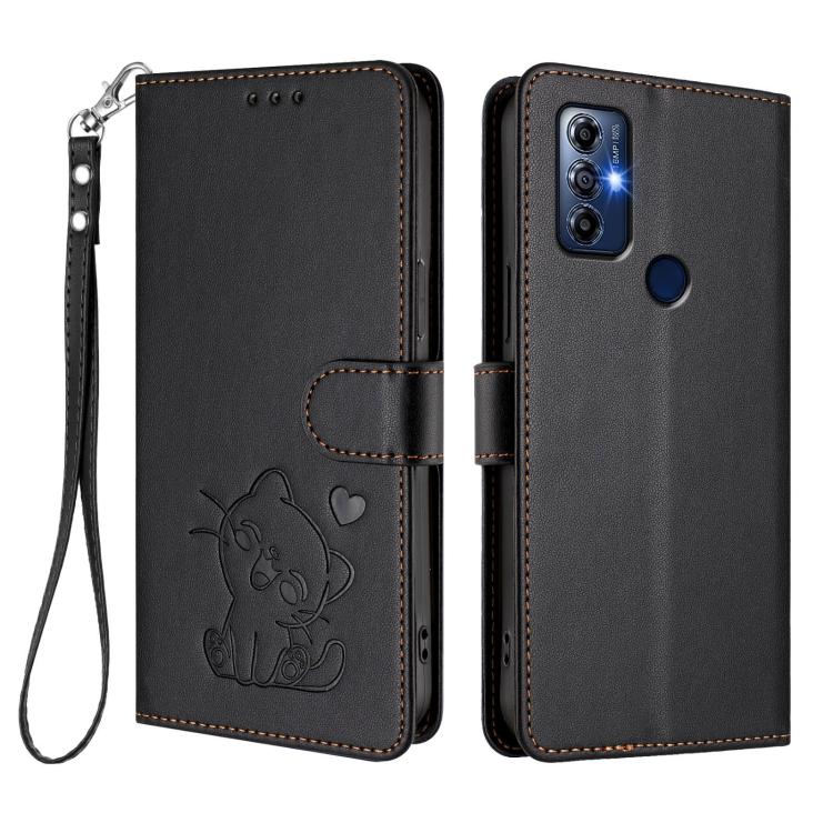 For Motorola Moto G Play 2023 Embossed Heart Cat Leather Phone Case with Hand Strap